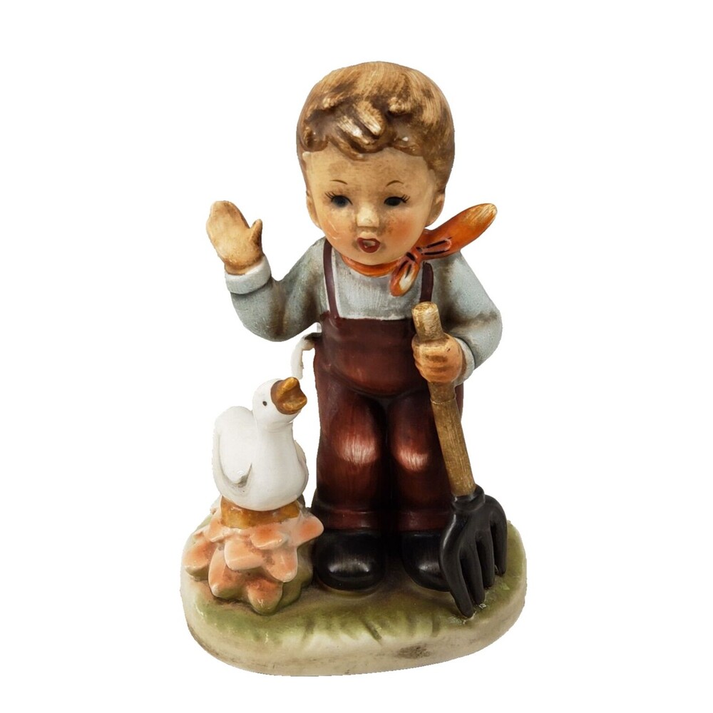 Vintage Ucagco Ceramics Japan Boy with Goose and Rake Figurine 1950s Hummel Styl